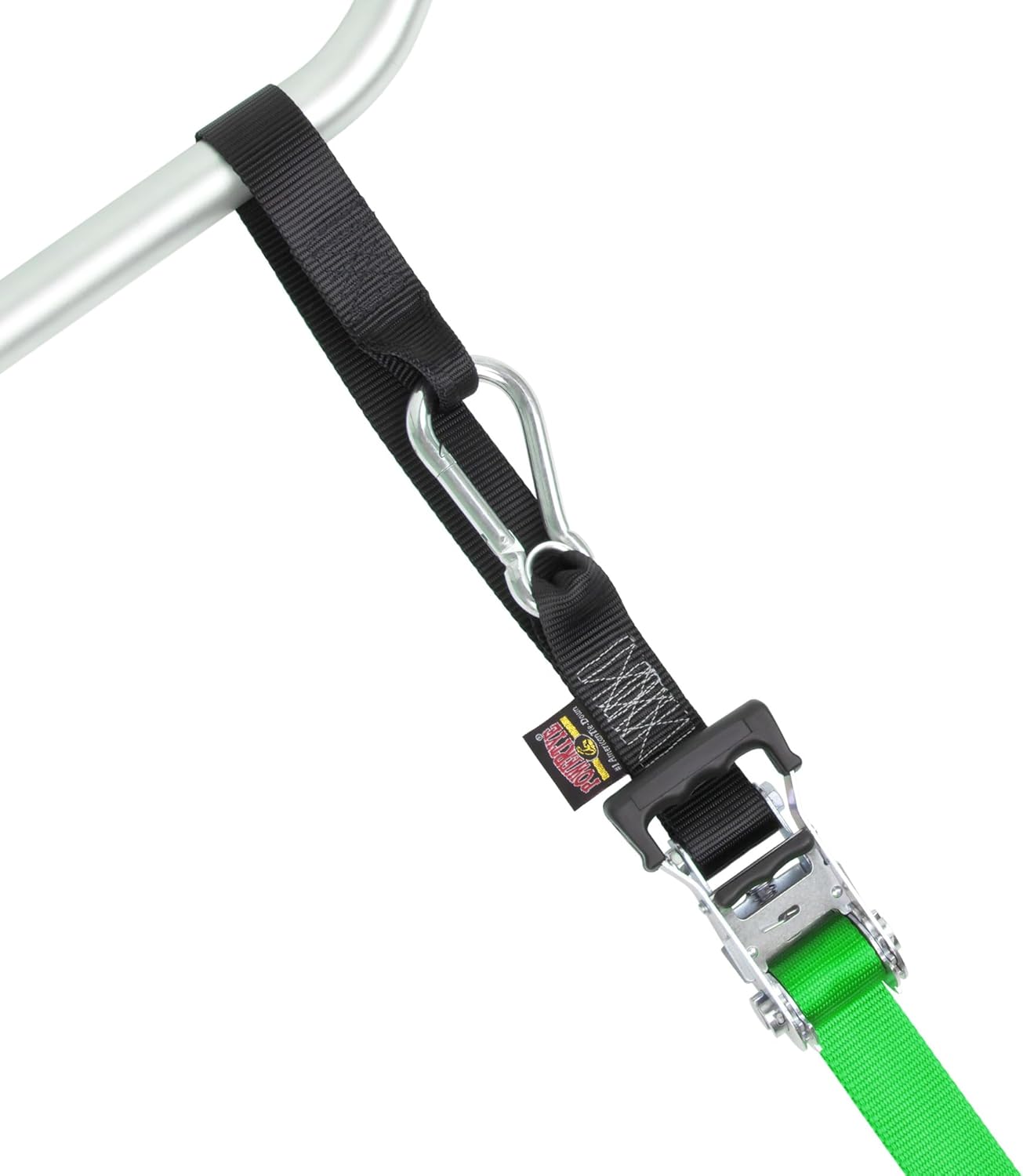 PowerTye - Made in USA - Extra Long Ratchet Tie Down Straps, Heavy Duty with Carabiner Hooks, Soft-Tye & Bag, for Motorcycle, ATV & Cargo, 1,000 lb WLL, 1.5 inch x 10ft Long, Green/Black (Pair)