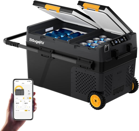 BougeRV 12 Volt Car Refrigerator, CRD2 43 Quart Portable Fridge Freezer with APP Control, -4℉ to 68℉ Dual Zone Compressor Electric Cooler 12/24V DC, 110~240V AC for Overlanding, Camping, RV, Truck