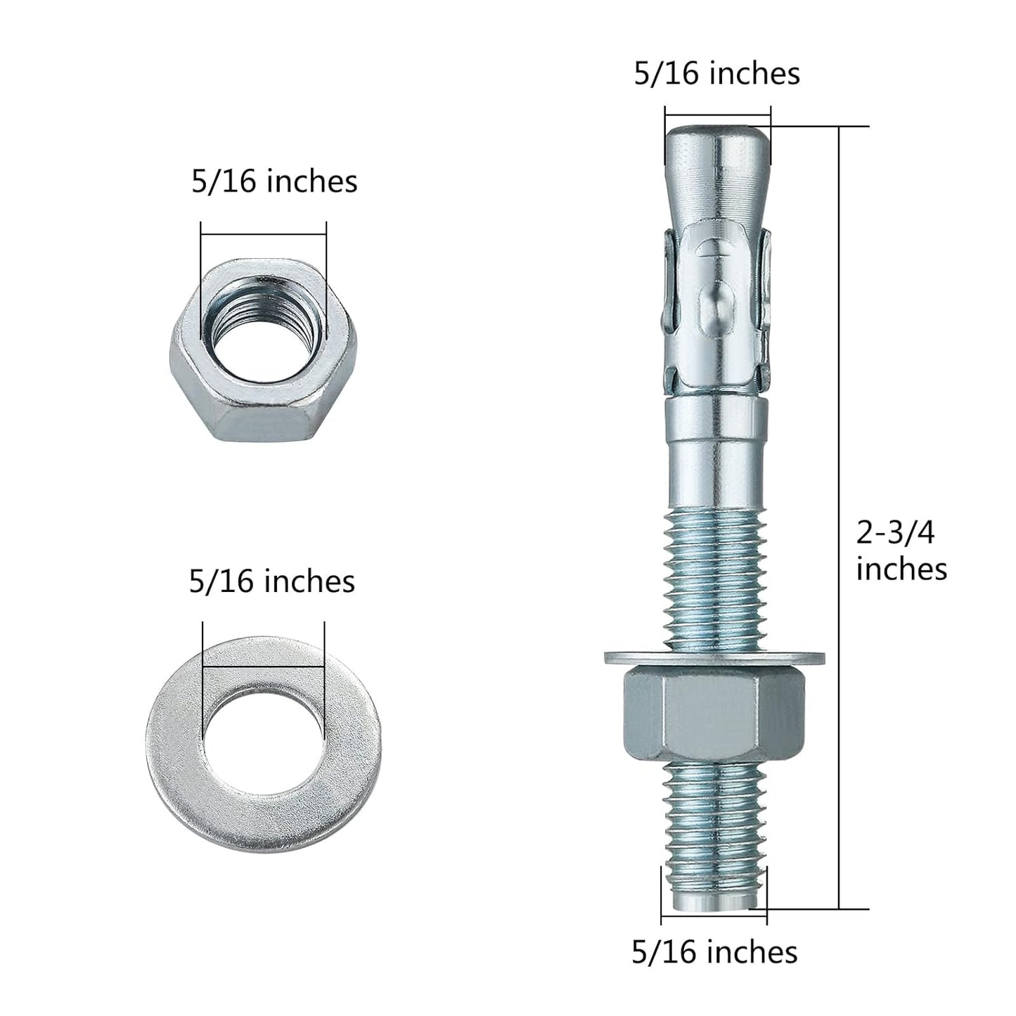 5/16 × 2-3/4" Inch 100 Pcs Standard Fasteners for Heavy-Duty Zinc Wedge Anchors for Cement and Concrete