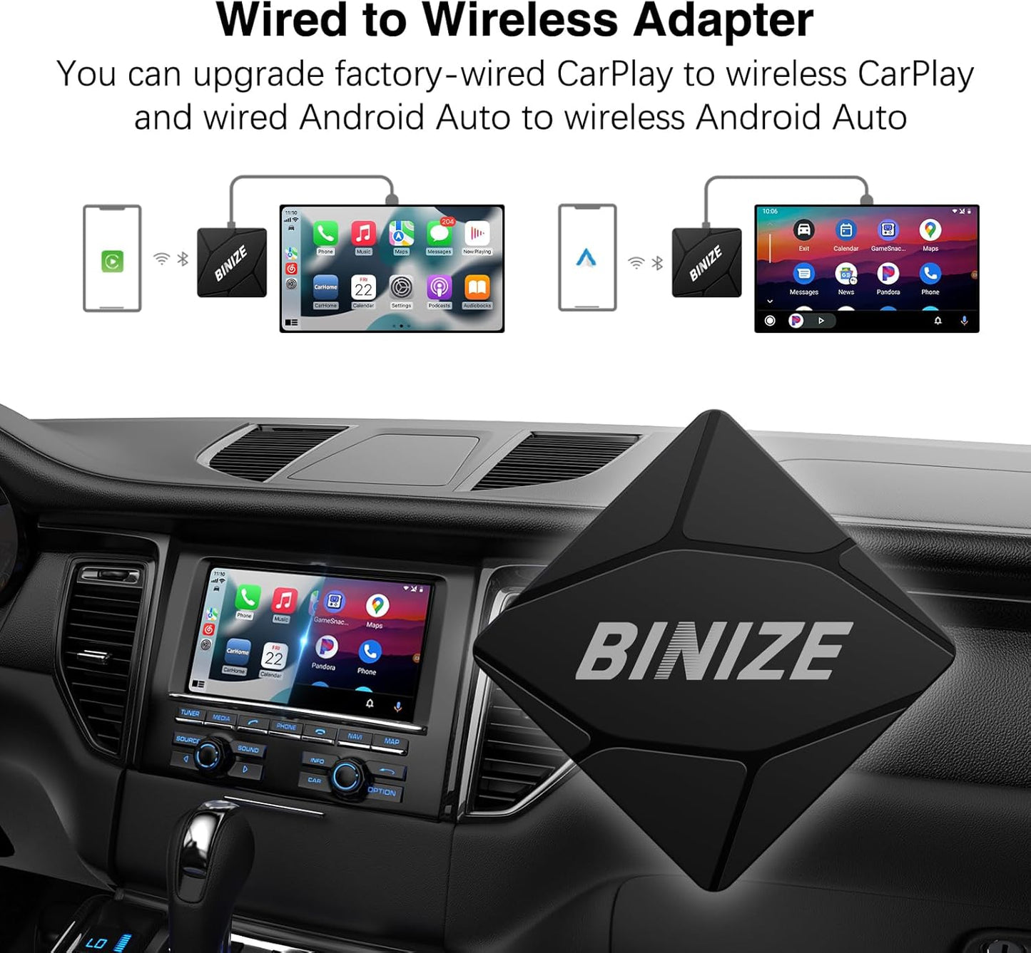 Binize Wirelss Carplay Adapter, Carplay Wireless Dongle for Factory Wired CarPlay Cars to Convert Wired to Wireless, Plug&Play, Latest BT 5.2, Fast WiFi 5.8GHz, USB/Type-C 2Cables