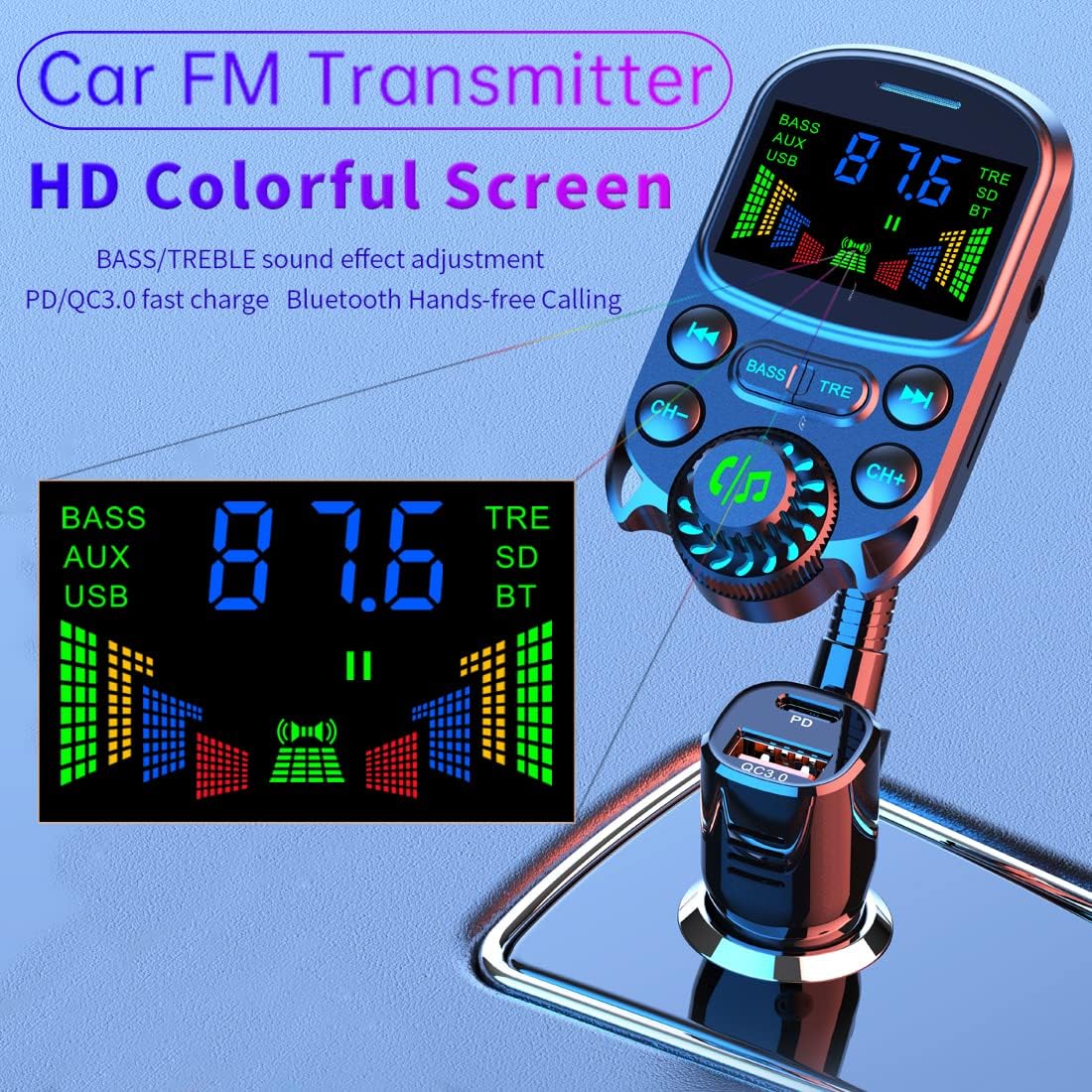 Colorful HD Lossless Sound Quality EQ Sound Adjustment Hands-Free Calling QC3.0 PS3.0 Fast Charge 1.5" Color Large Screen FM Microphone Bluetooth 5.3 Car Adapter