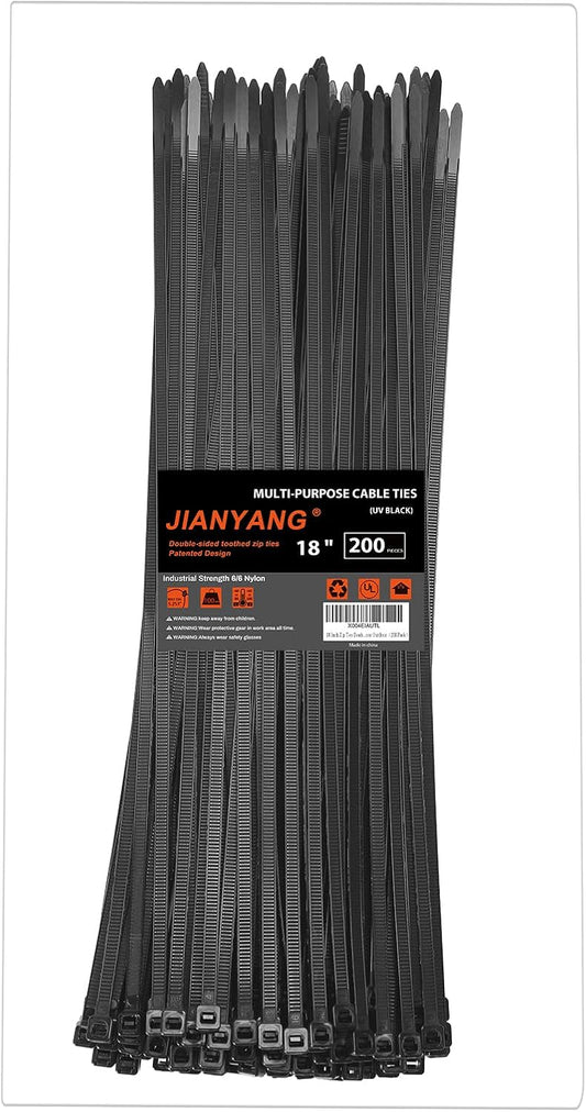 18 Inch Zip Ties Double Sided Toothed,100 LBS Tensile Strength Heavy Duty Cable Wire Ties With Self-Locking Adjustable More Durable Nylon Tie Wraps for Indoor Outdoor（200 Pack）