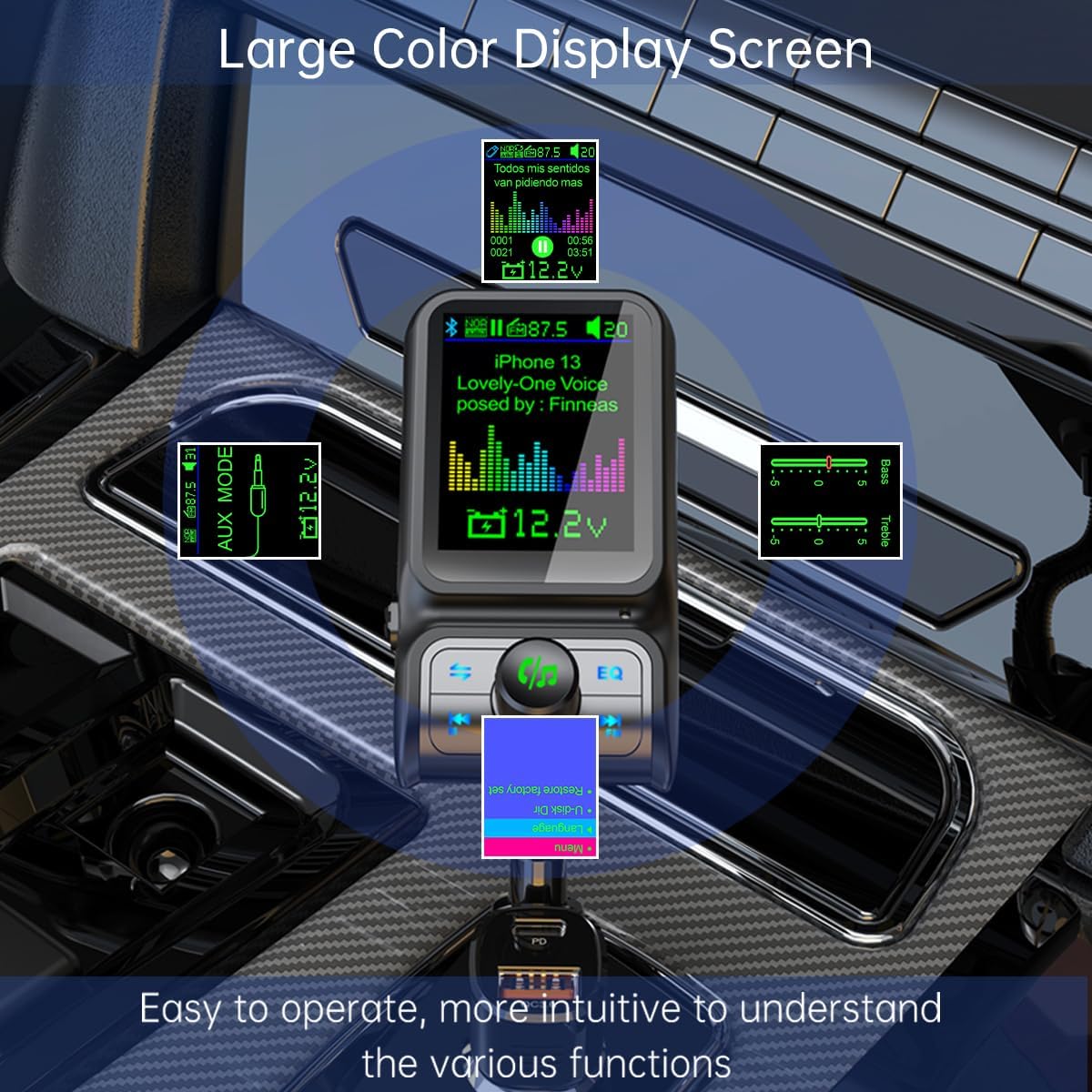 BC85LK Wireless Bluetooth Car Adapter with QC 3.0 PD 3.0 USB C Fast Charger, Bluetooth 5.0 Radio Transmitter, Hands-Free Phone Call Support