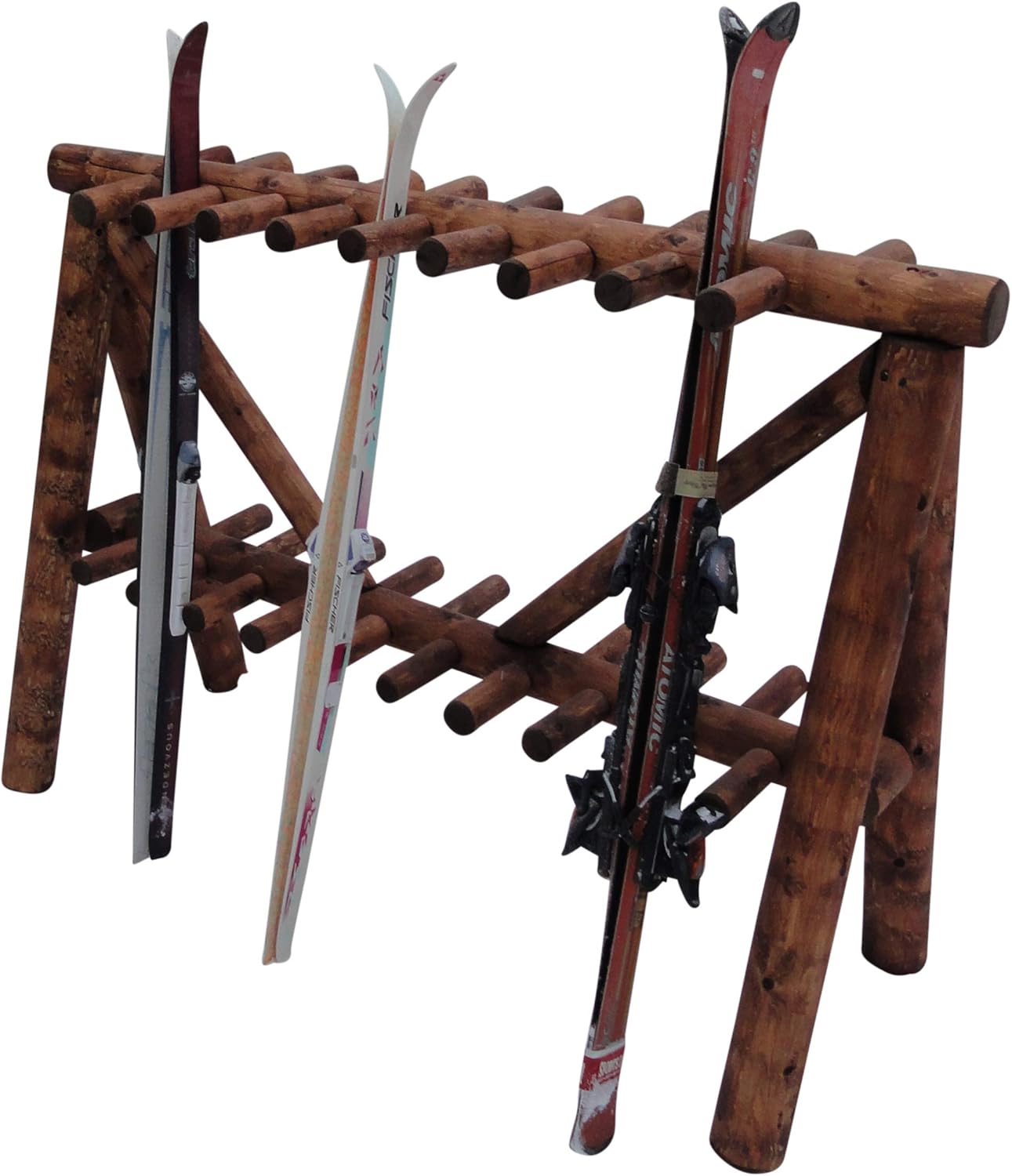 21-Place Freestanding Log Ski Rack Holder, Indoor & Outdoor Snowboard Racks, Standing Storage, Garage Racks for Snow Skis & Poles, Durable Snowboard Rack Garage Storage Organizer - Canyon Brown