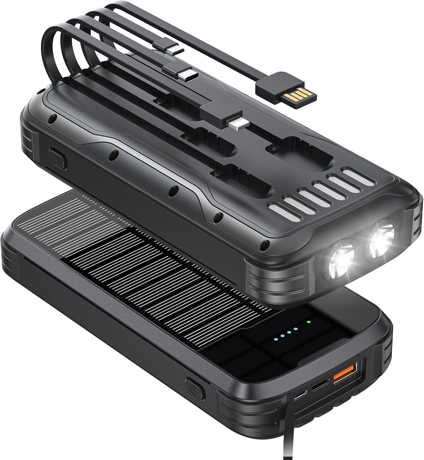 Solar Charger Power Bank, 40000mAh Portable Phone Charger Built in 4 Cables with USB C in/Output, PD 20W Fast Charging Portable Charger, External Battery Pack with Dual Bright Flashlights