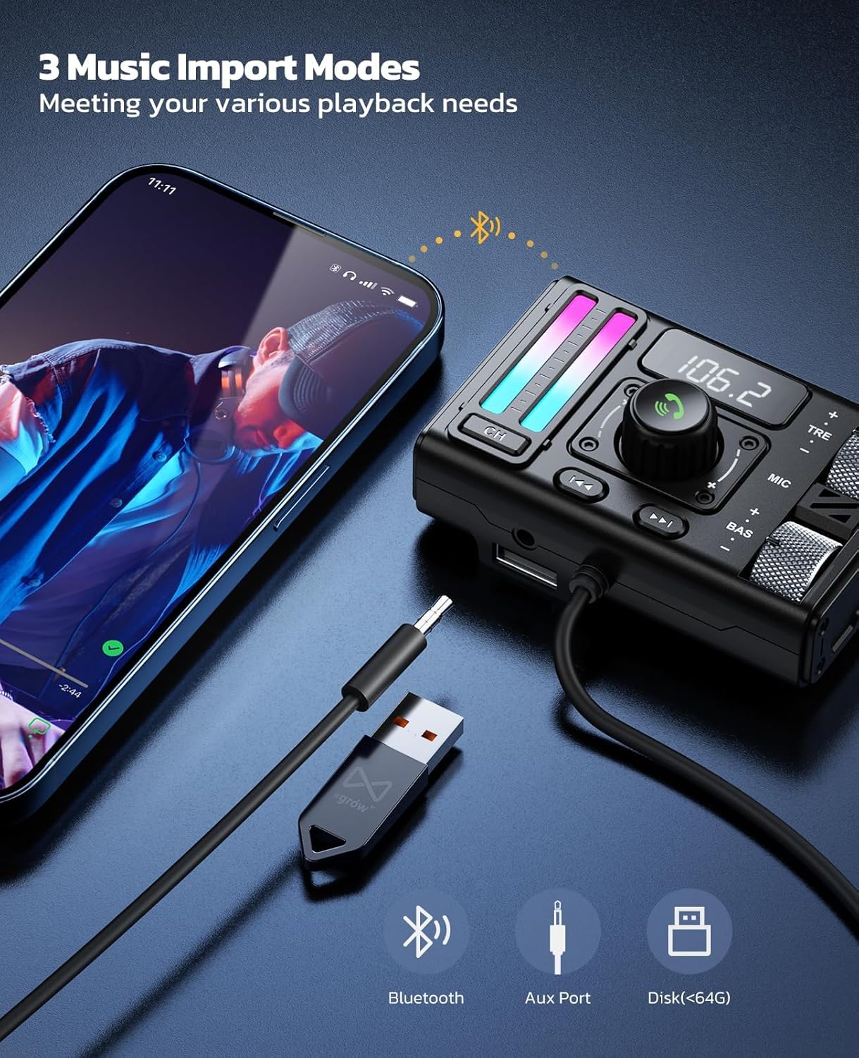 Nulaxy Bluetooth 5.3 Car Adapter with Air Vent Installation & DSP Noise Cancellation, QC3.0 & Type-C PD Car Charger Wireless FM Radio Transmitter Supports Bass & Treble Boost